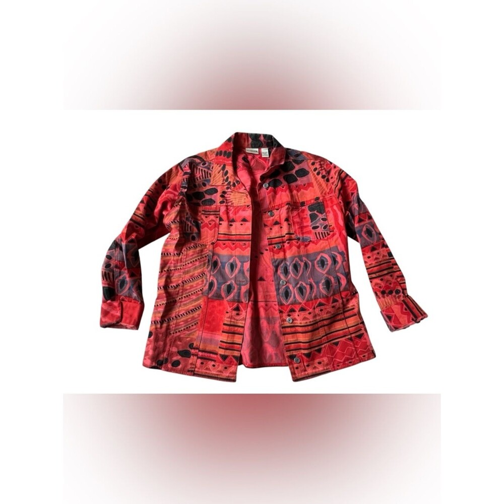 Chicos Button Front Denim Jacket Aztec Western Batik-Style Cotton Womens Size 1